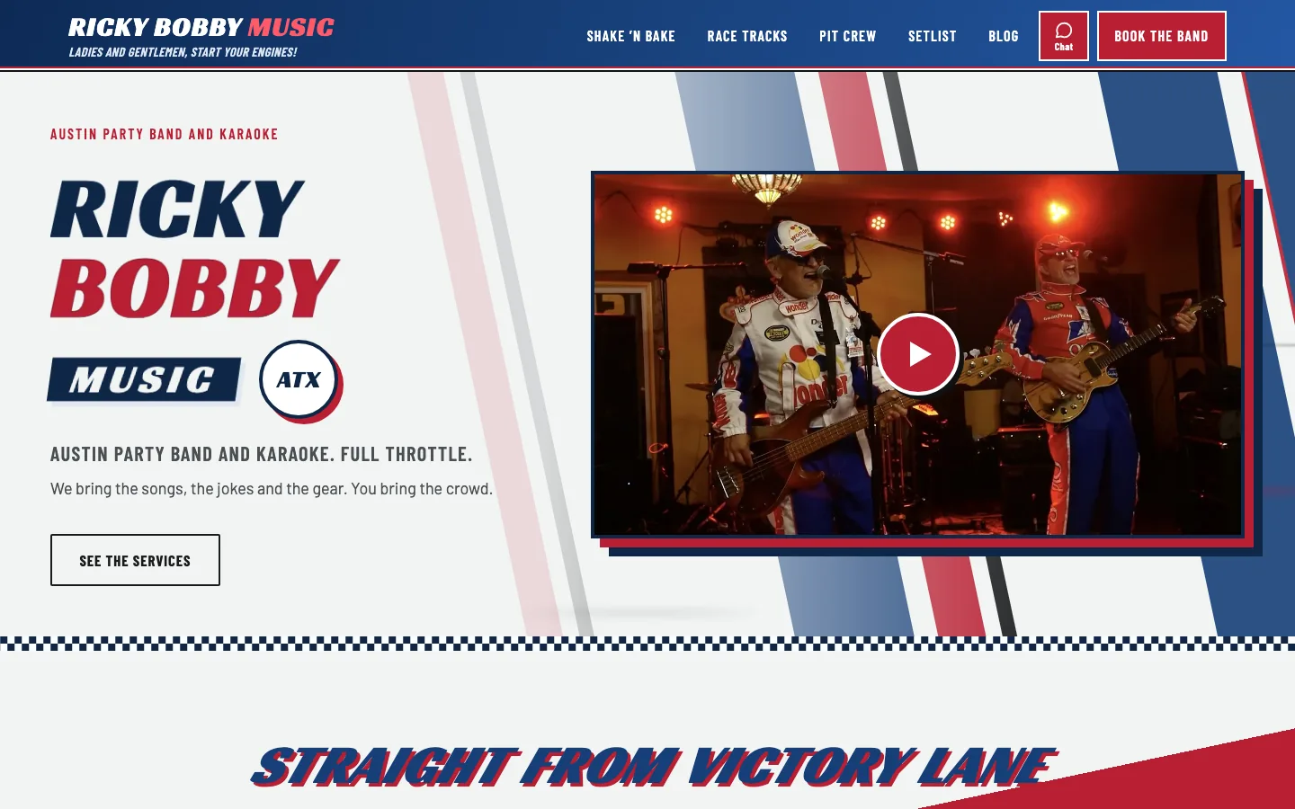 The Ricky Bobby Music home page on a desktop browser: wordmark, race stripes and a promo video